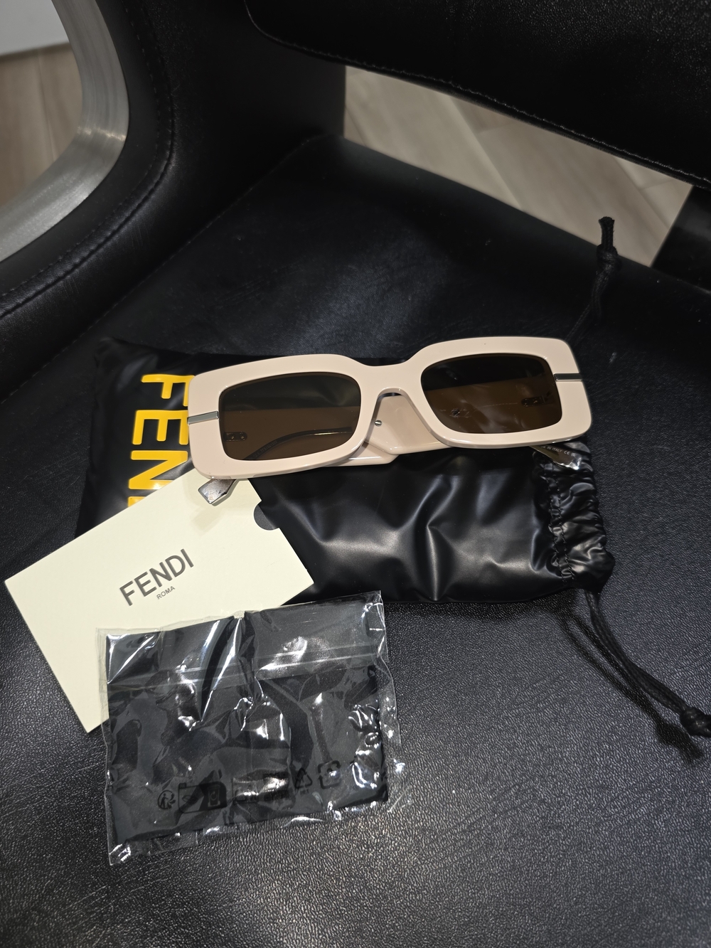 Fendi Beige Logo-Cut Rectangular Sunglasses